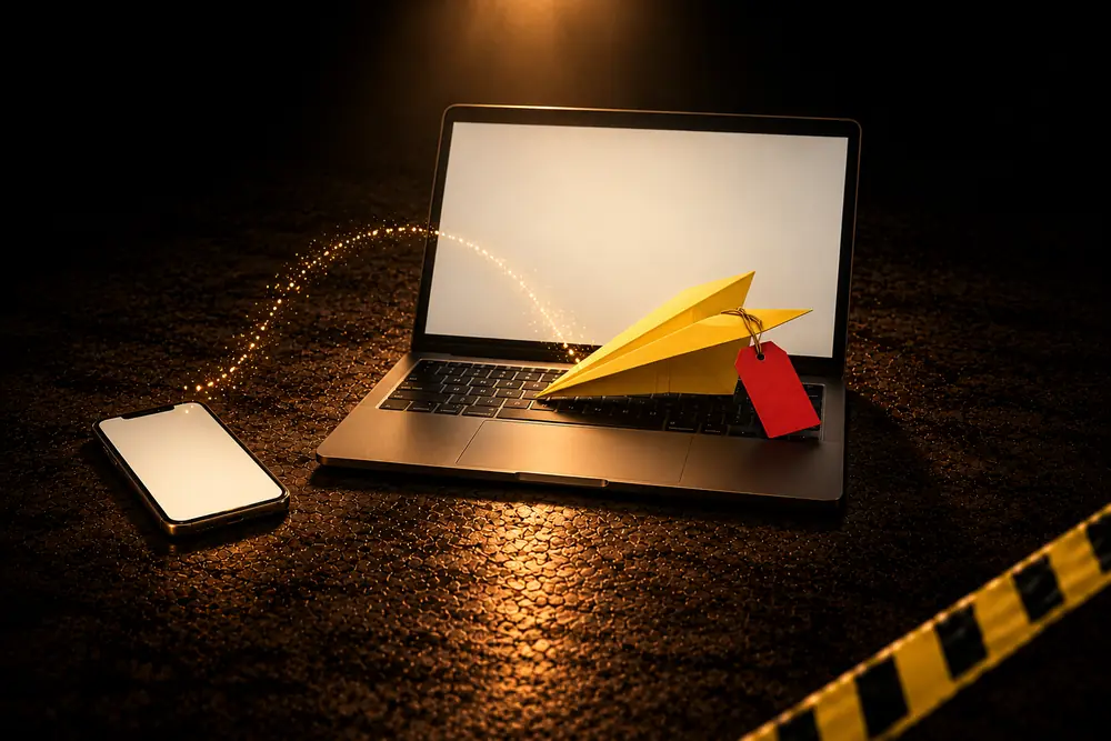 Un avion en papier jaune posé sur le clavier d'un ordinateur portable, après un trajet lumineux depuis un smartphone