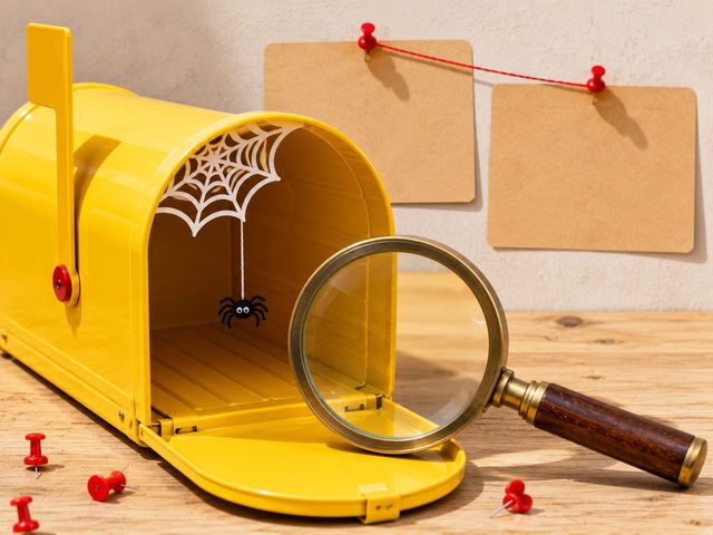 Boîte aux lettres jaune grande ouverte et vide, toile d'araignée en papier à l'intérieur