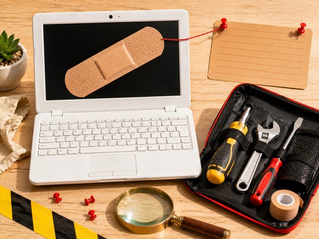 Écran d'ordinateur avec un gros pansement collé dessus, à côté d'une trousse à outils ouverte