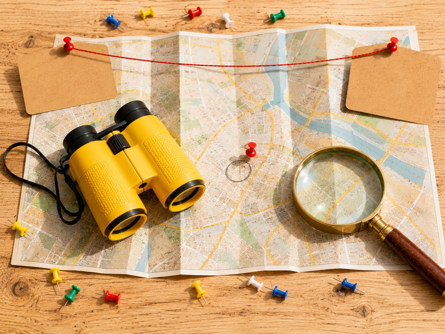 Jumelles jaunes et loupe posées sur une carte de ville, punaise plantée à côté du repère