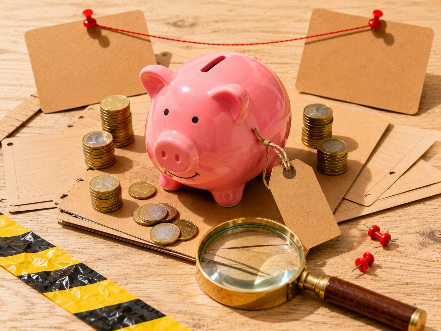 Tirelire cochon au milieu d'un dossier d'enquête, étiquette de prix vierge et pièces de monnaie