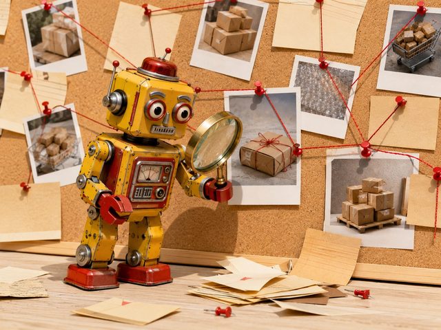 Petit robot vintage qui examine à la loupe un tableau de fiches et de polaroïds épinglés