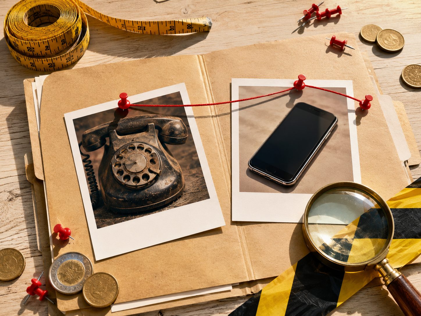 Deux polaroïds reliés par un fil rouge : un vieux téléphone à cadran et un smartphone neuf
