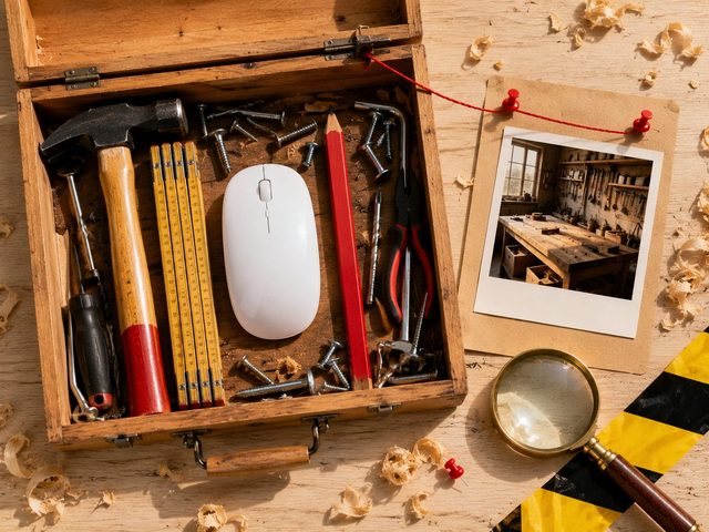 Souris d'ordinateur rang&eacute;e au milieu des outils dans une caisse &agrave; outils d'artisan
