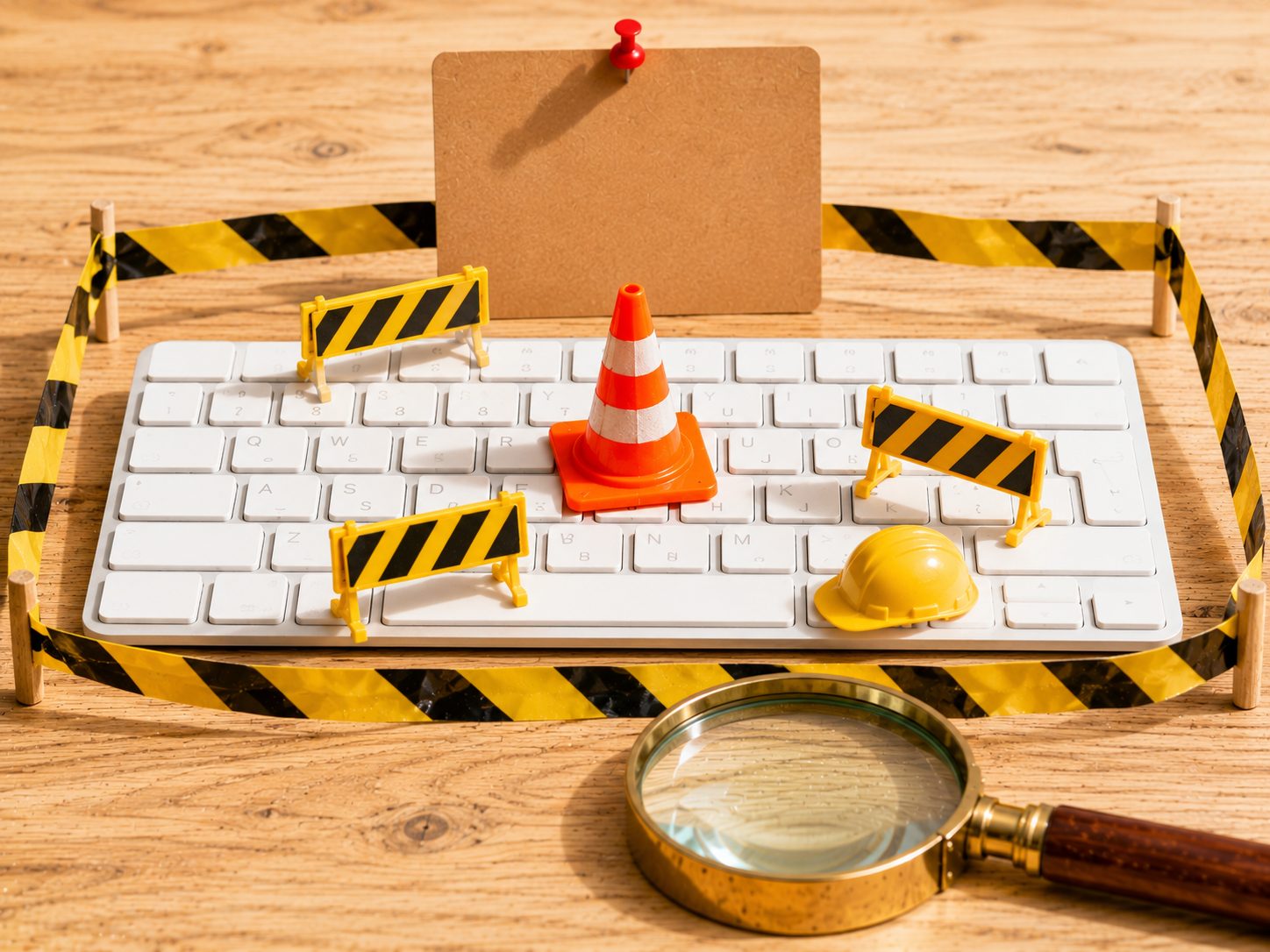 Petit chantier miniature avec cônes et barrières installé sur un clavier d'ordinateur