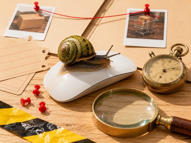 Escargot posé sur une souris d'ordinateur, chronomètre ancien en laiton à côté