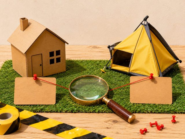 Petite maison en carton solide à côté d'une tente de camping miniature montée de travers