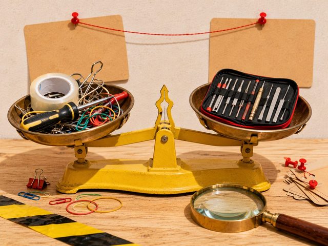 Balance ancienne à deux plateaux, bricolage bancal d'un côté, trousse d'outils impeccable de l'autre