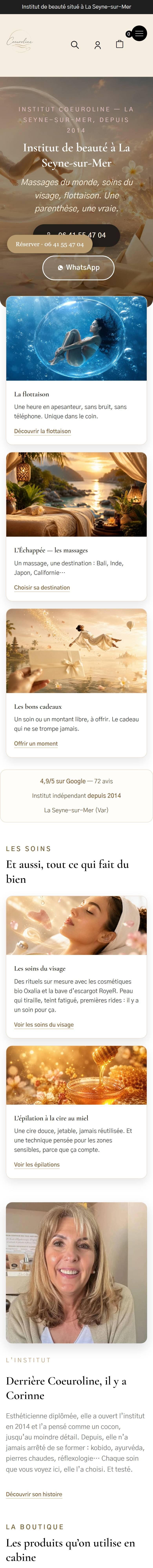 Le site coeuroline.fr d'aujourd'hui en entier sur téléphone : accueil chaleureux, réservation directe et boutique en ligne