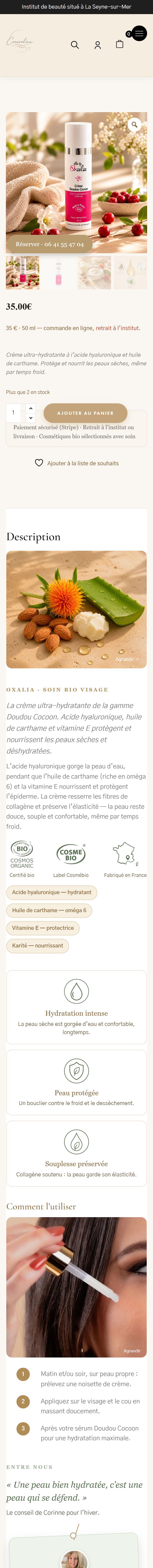 Une fiche produit complète de la boutique Coeuroline sur téléphone : photos, prix visible, bouton d'achat, réassurance
