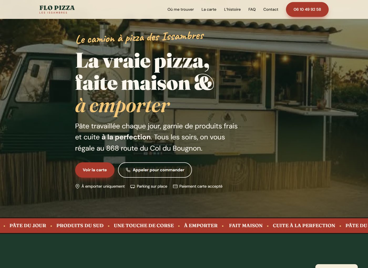 Le site flopizza.fr aujourd'hui : le camion, la carte, le téléphone cliquable et l'itinéraire