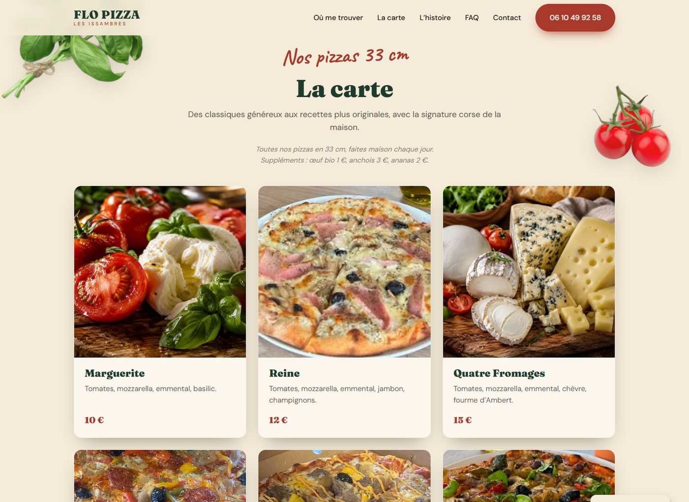 La carte de Flo Pizza en ligne : les pizzas en photo, avec descriptions et prix