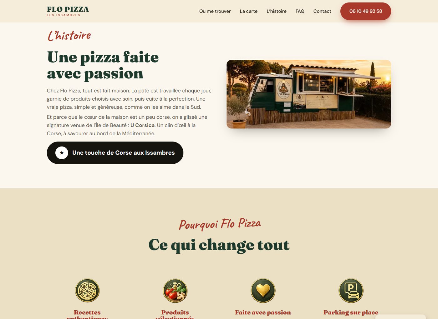 La page histoire : le camion au coucher du soleil et la touche corse