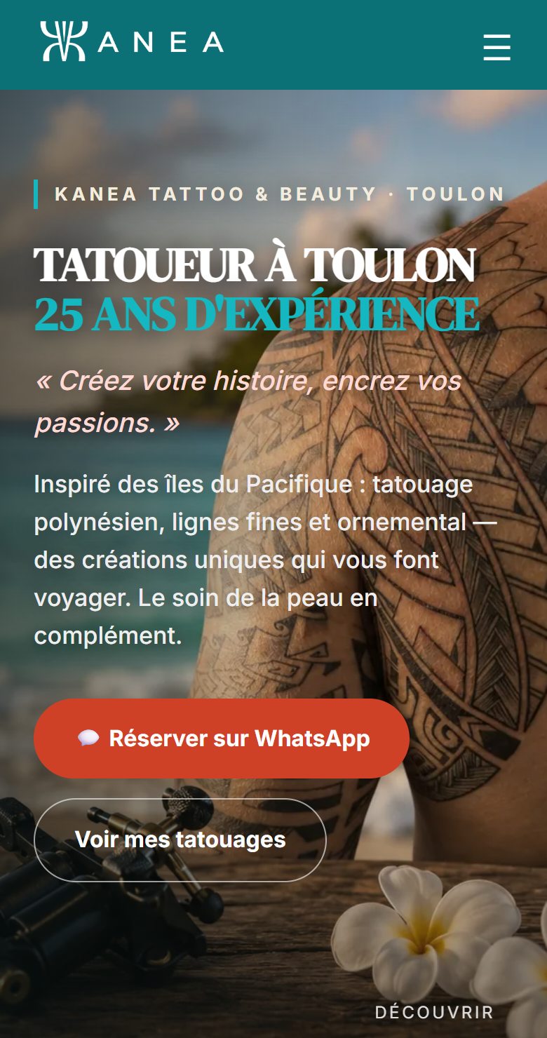Le site studiokanea.fr sur téléphone : lisible, rapide, réservation WhatsApp en un geste