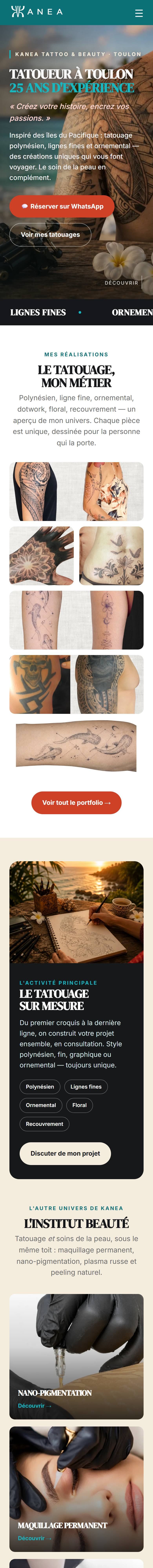Le site studiokanea.fr d'aujourd'hui en entier sur téléphone : clair, rapide, réservation en un geste