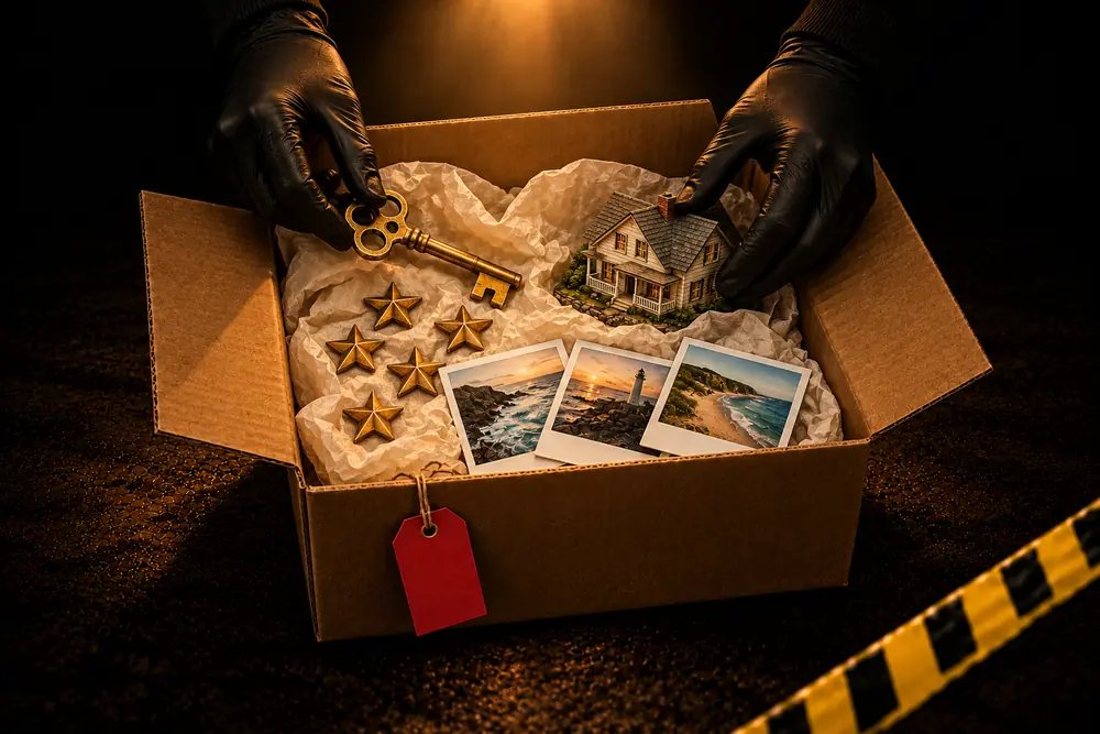 Des mains gantées rangent dans un carton une clé dorée, cinq étoiles, des photos de bord de mer et une petite maison